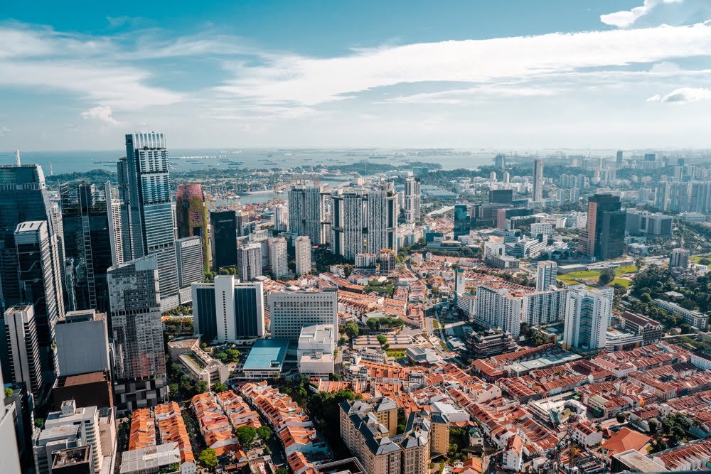 Aerial view of Singapore down town area in day time, travel and business destination, with building and landmark concept.