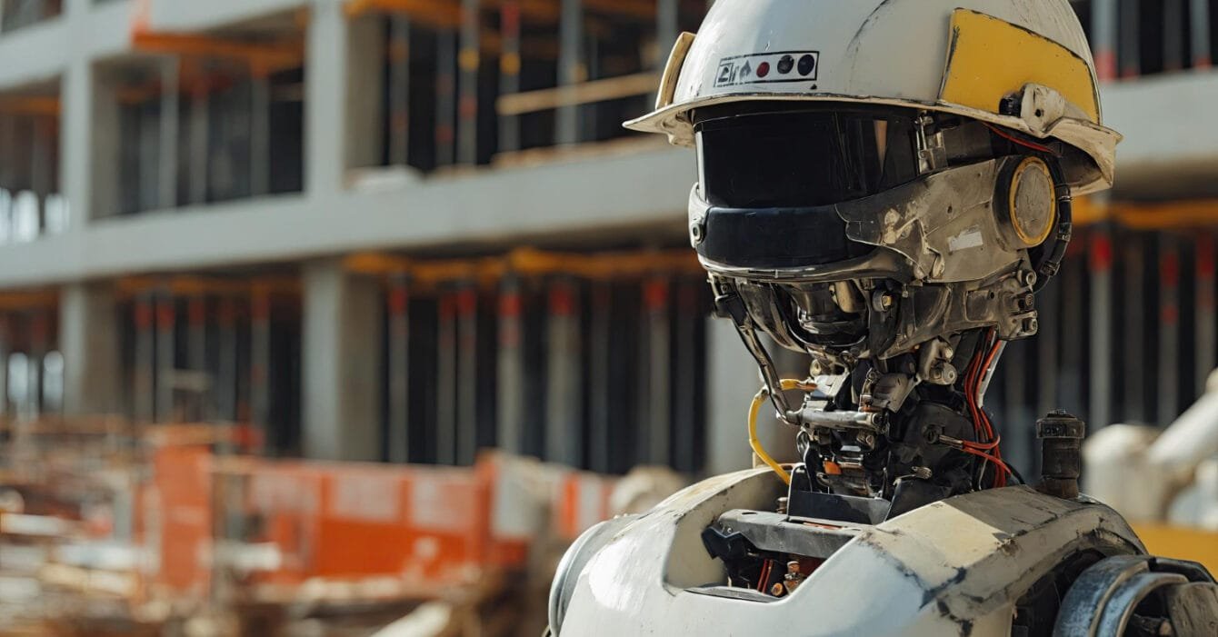 Robot in hard hat at a construction site, representing the advancement of Construction Technology Singapore.