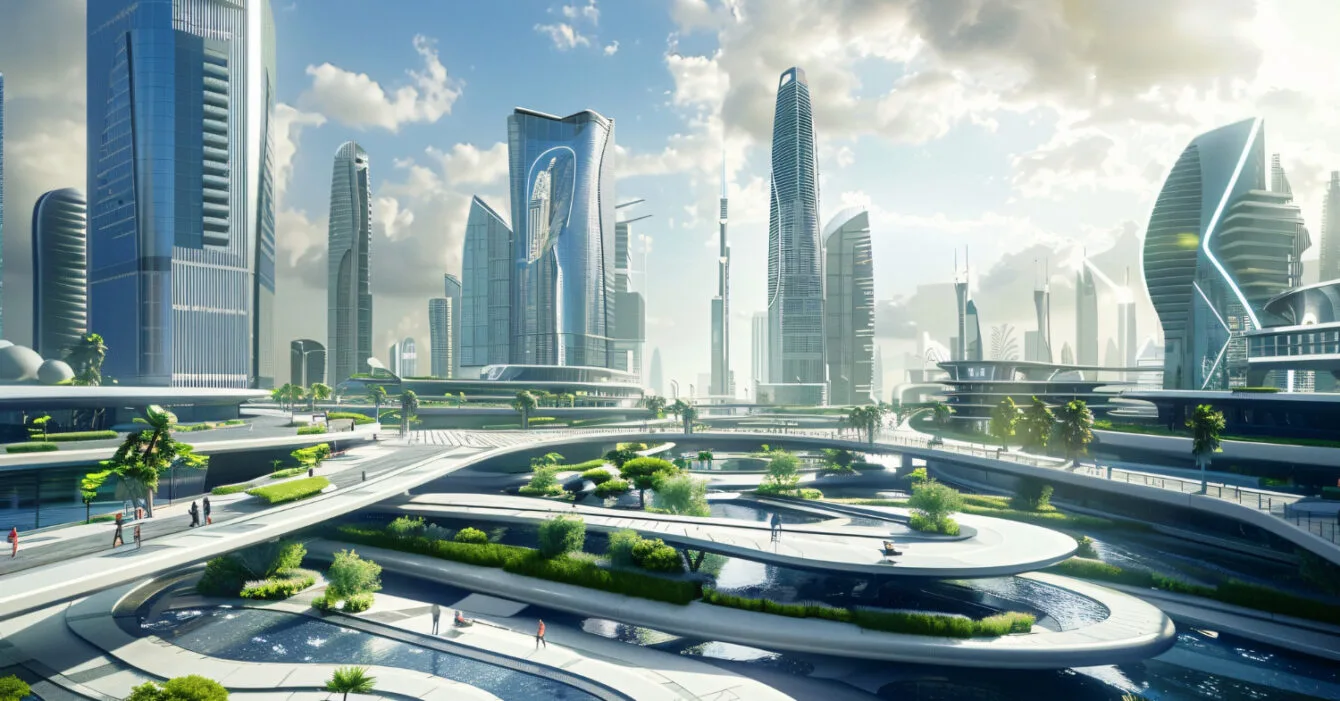 Singapore Smart City Innovations: Futuristic cityscape with lush greenery, elevated walkways, and sleek high-rise buildings under a clear sky.