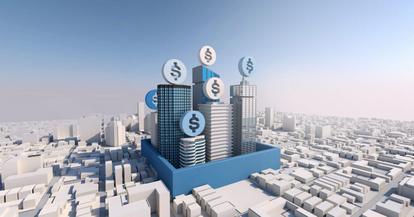 A 3D cityscape featuring skyscrapers surrounded by a blue outline, with dollar signs floating above, symbolizing finance and investment, representing Singapore Financial Sector Insights.